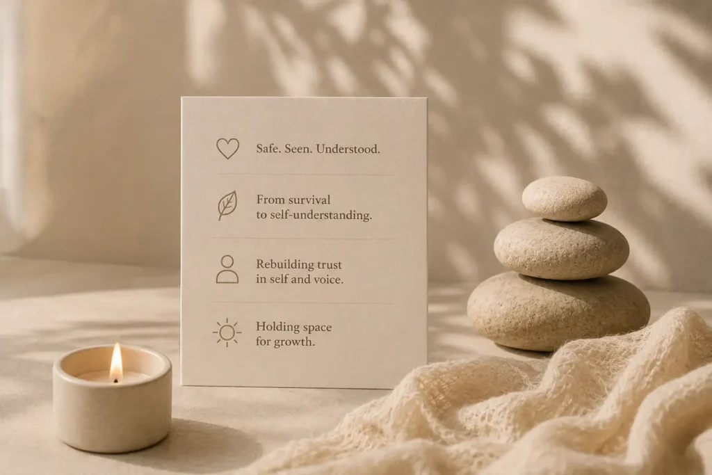 A calming setting with a candle, stacked stones and a note.