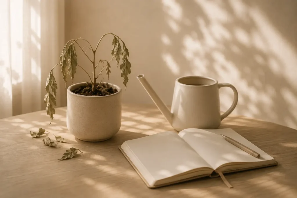 An old plant with hanging leaves, next to ane empty notepad and watering can.