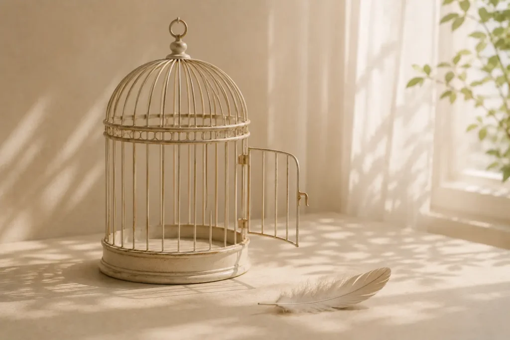 An open bird cage and a feather on a table.