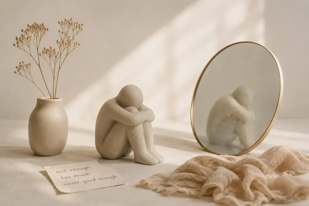 A stone figure with their head in their hands, next to a mirror and a note.