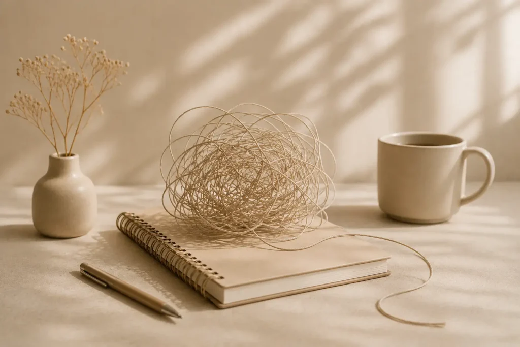 A notebook with a ball of intertwined string on top.