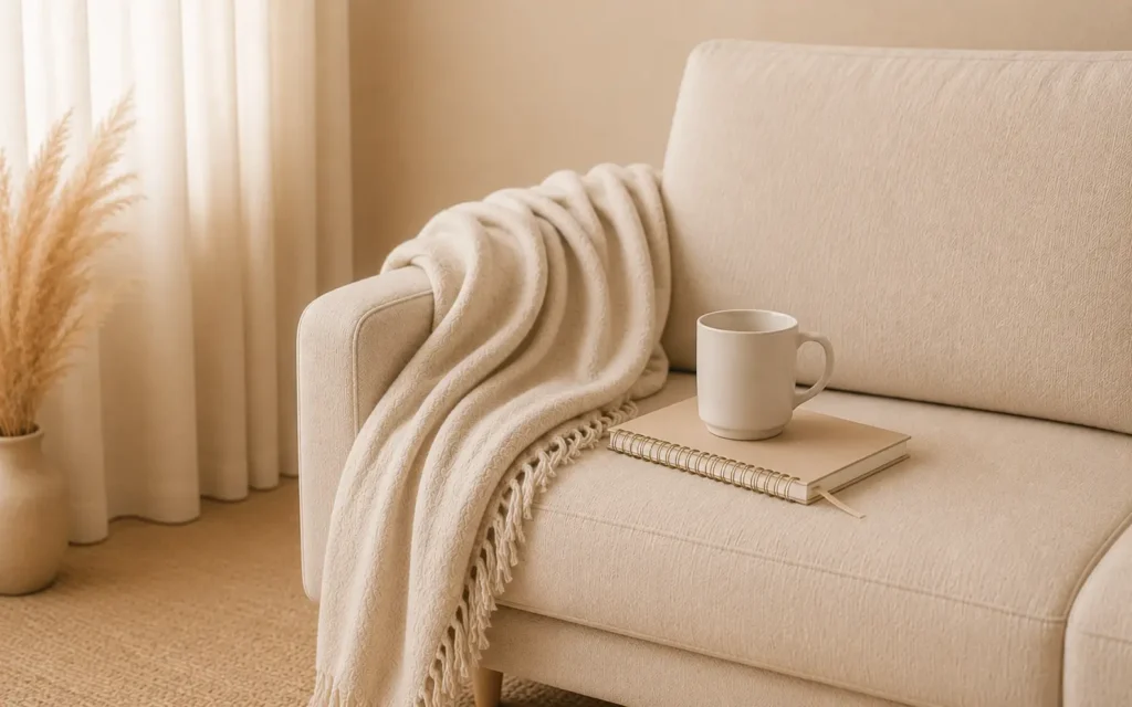 A notepad and mug sitting on a bright sofa.