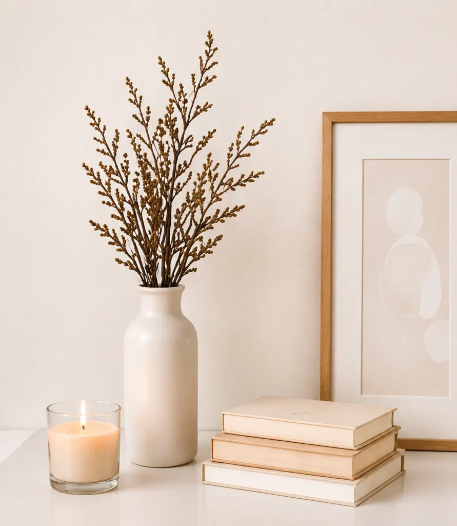 A tidy desk with stacked books, a candle and a vase.